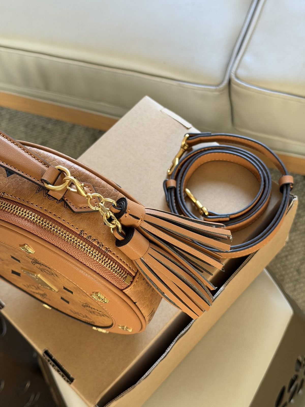 MCM Studded Round Top Handle Bag — side