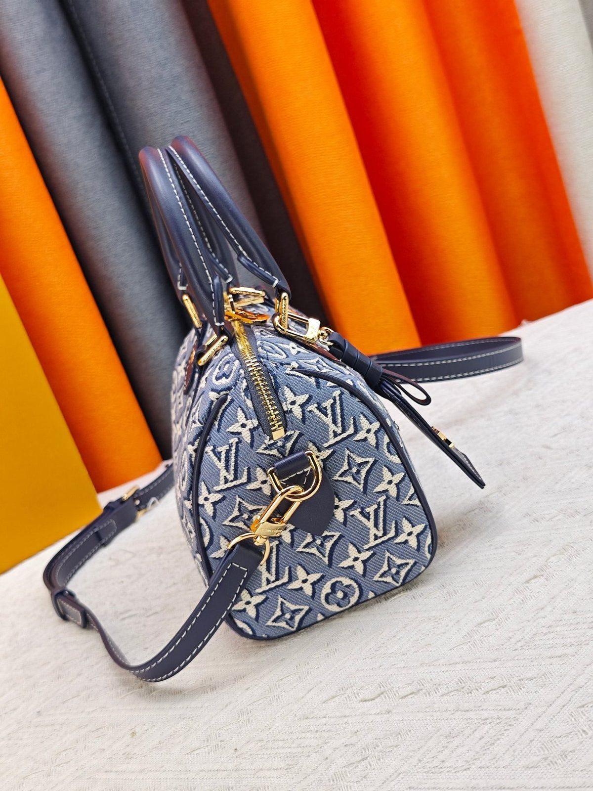 Louis Vuitton Speedy Bandoulière Blue Monogram Handbag — side